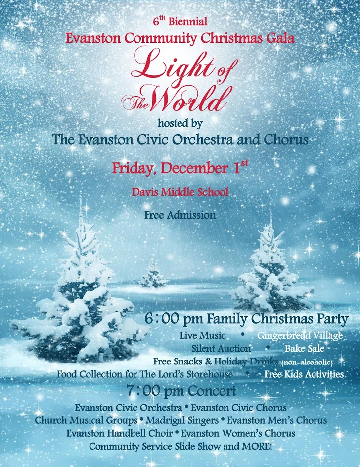2017 "Light the World" Christmas Gala poster featuring a light blue winter background with snow falling on fir trees.