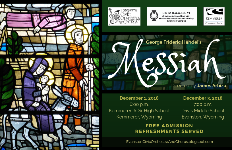Flyer for the 2018 Handel's Messiah Concert featuring a stained glass image of the holy family.