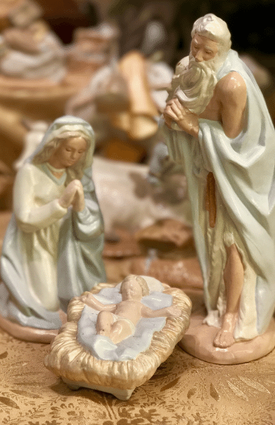 The Holy Family figurines painted in light-toned colors and glazed